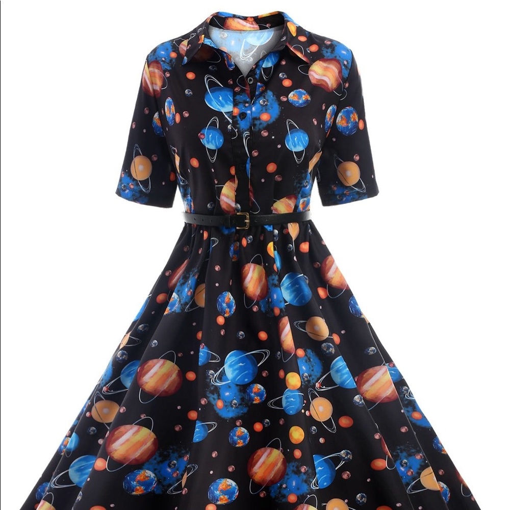 knee length space patterned dress.